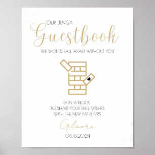 Póster Cartel de boda con Jenga de caligrafía dorada para