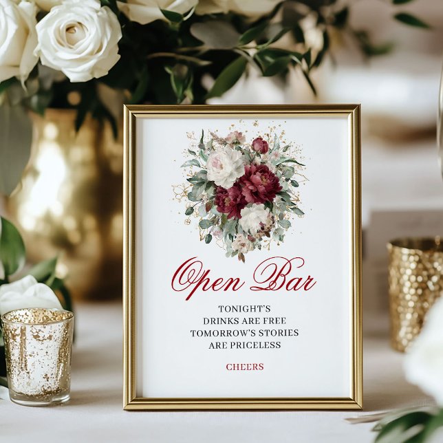Póster Cartel de boda de barra abierta con rubor de eucal (Eucalyptus Blush Burgundy Open Bar Sign)
