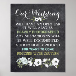 Póster Cartel de boda de barra abierta de pizarra Floral 