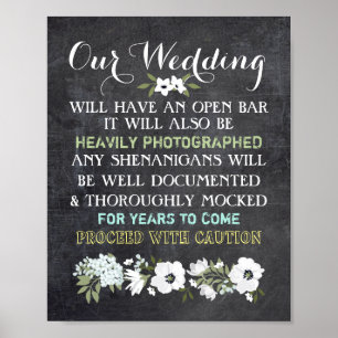 Póster Cartel de boda de barra abierta de pizarra Floral