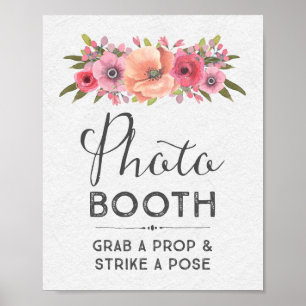 Póster Cartel de boda de cabina de fotos floral con acuar