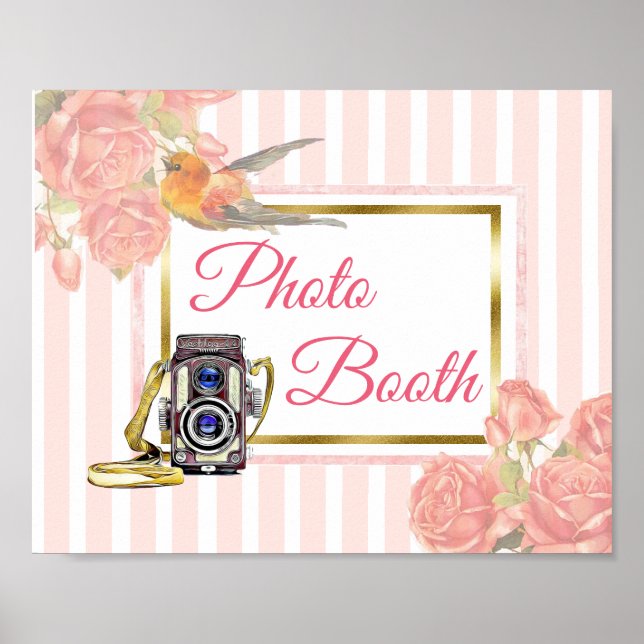 Póster Cartel de boda de cabina de fotos floral rosa (Frente)