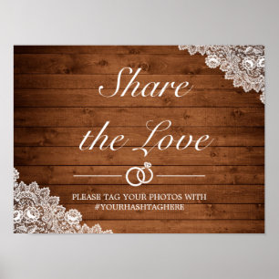 Póster Cartel de boda de madera rústica y encaje blanco