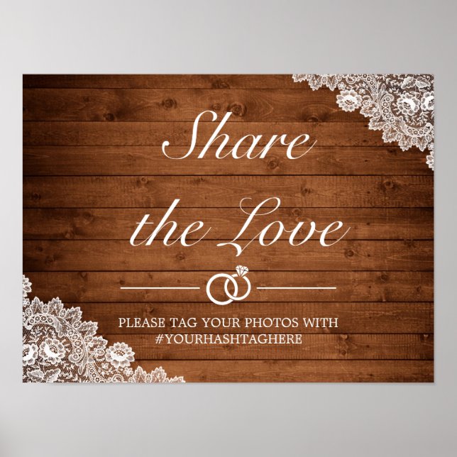 Póster Cartel de boda de madera rústica y encaje blanco (Frente)
