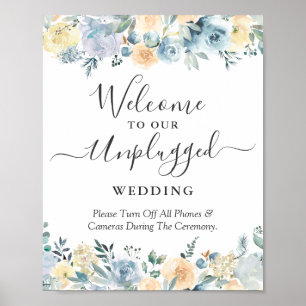 Póster Cartel de Boda Desconectada Floral Azul Melocotón