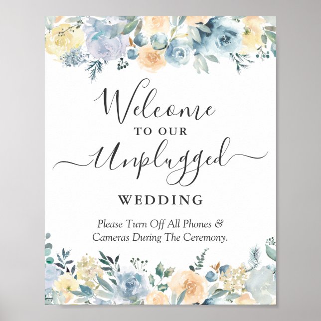 Póster Cartel de Boda Desconectada Floral Azul Melocotón (Frente)