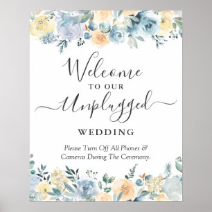 Póster Cartel de Boda Desconectada Floral Azul Melocotón