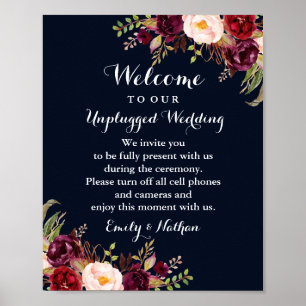 Póster Cartel de Boda Floral Azul Marino Borgoña Sin Disp