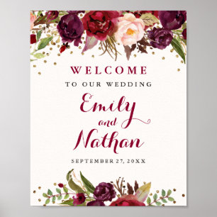 Póster Cartel de boda floral con confeti de oro borgoña