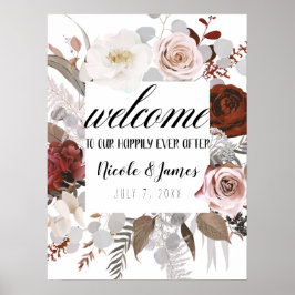 Póster Cartel de Boda Flores Rústicas Rosadas Grises Roja