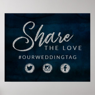 Póster Cartel de Boda Navy Luster Silver Comparte el Amor