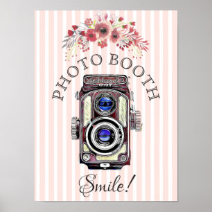 Póster Cartel de boda para cabina de fotos, cámara floral