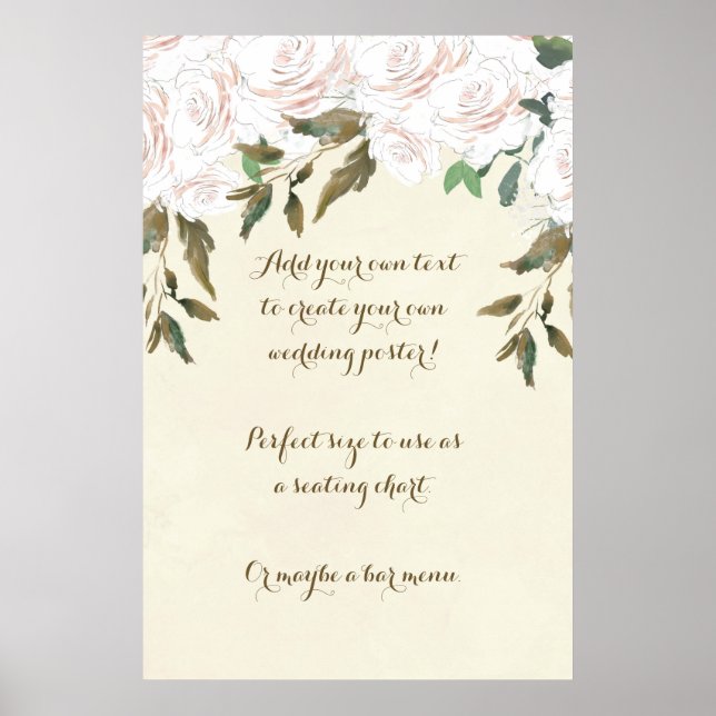 Póster cartel de boda personalizado con flores de marfil (Frente)