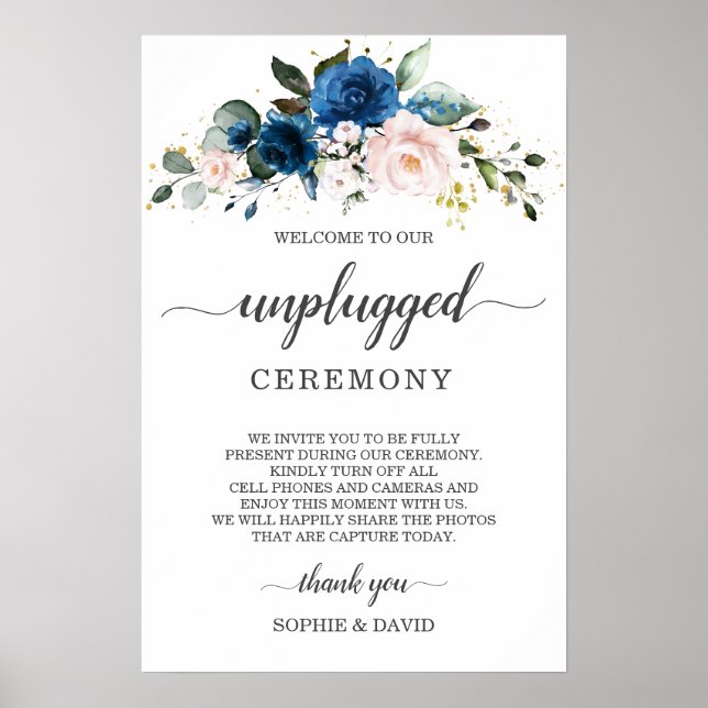 Póster Cartel de boda sin dispositivos con flores azules  (Frente)