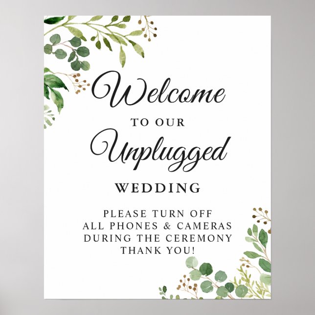 Póster Cartel de boda sin dispositivos Greenery Unplugged (Frente)