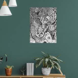 Póster Cartel de bosque de búho volador, naturaleza en bl