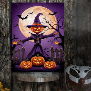 Póster Cartel de Bruja de Calabaza Espeluznante con Luna