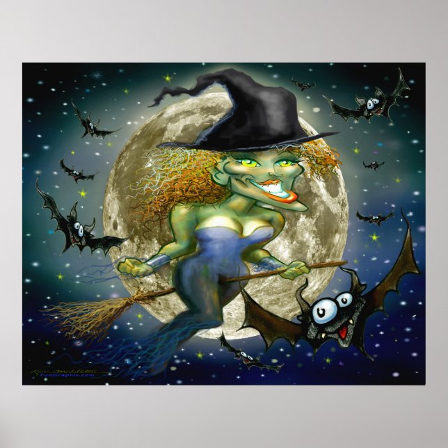 Póster Cartel de Bruja en Escoba (Frente)