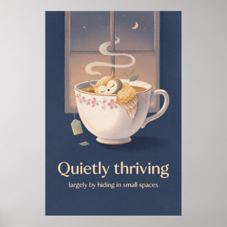 Póster Cartel de búho soñoliento en taza de té estilo gou
