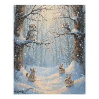 Póster Cartel de búhos, conejos y bosque en la nieve