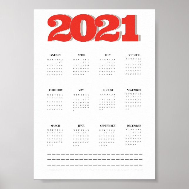 Póster Cartel de calendario de pared 2021 (Frente)