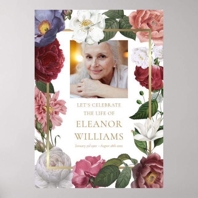 Póster Cartel de celebración de vida con foto floral para (Frente)