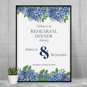Póster Cartel de Cena de Ensayo de Boda con Hortensias Az