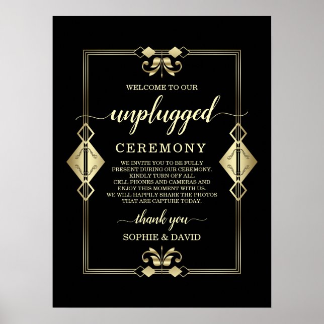 Póster Cartel de ceremonia de boda Art Déco dorado de los (Frente)