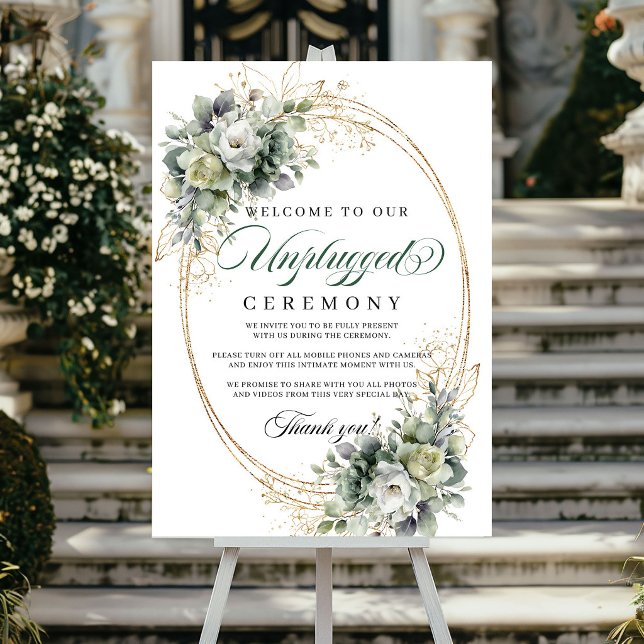 Póster Cartel de Ceremonia Desconectada Boho Greenery Dec (Boho Greenery Unplugged Ceremony Sign Gold Decor)