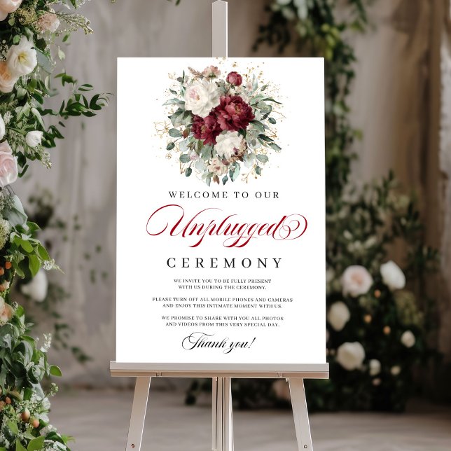 Póster Cartel de Ceremonia Desconectada Burgundy Blush Mo (Modern Blush Burgundy Unplugged Ceremony Sign)