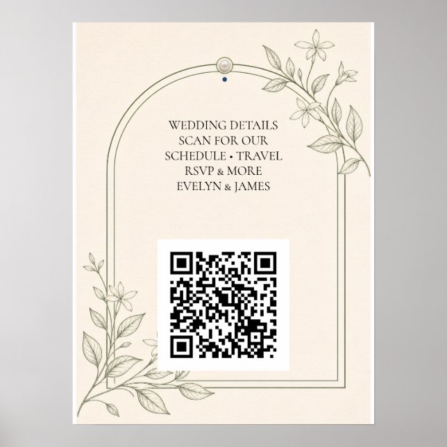 Póster Cartel de código QR de sitio web de boda botánico  (Frente)