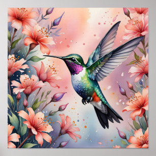 Póster cartel de colibrí floral