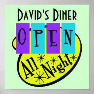 Póster Cartel de Comedor Retro ABIERTO TODA LA NOCHE