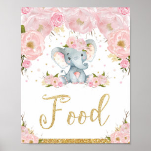 Póster Cartel de comida para baby shower de elefante flor