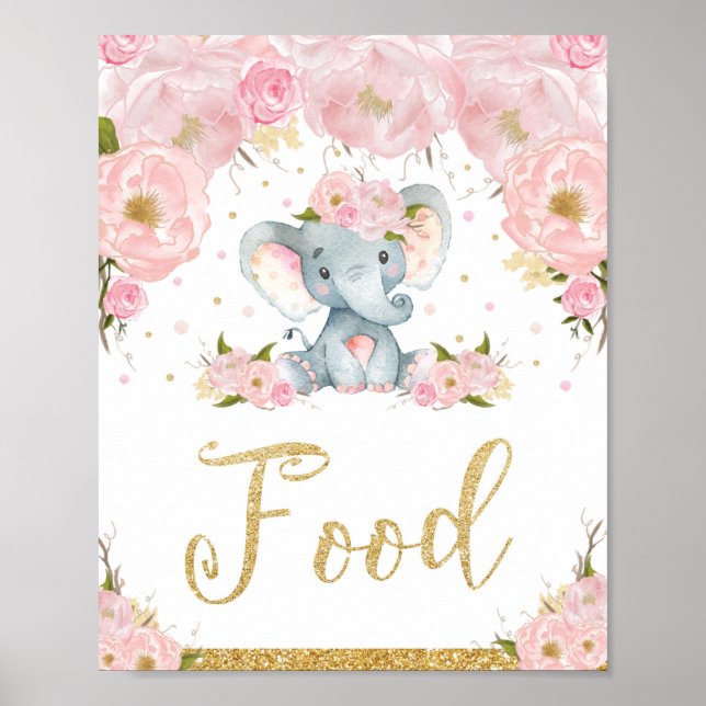 Póster Cartel de comida para baby shower de elefante flor (Frente)