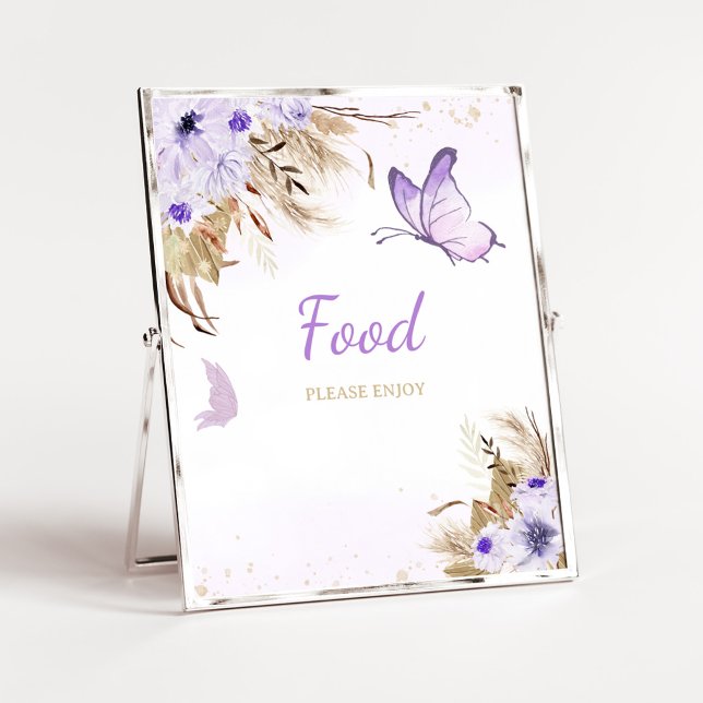 Póster Cartel de comida para baby shower de mariposa flor (Purple Butterfly Baby Shower Food Sign)