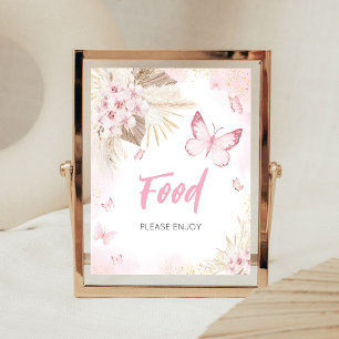 Póster Cartel de comida para Baby Shower de Mariposa Rosa