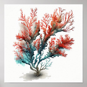 Póster Cartel de coral rojo en acuarela