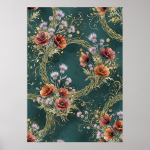 Póster Cartel de corona floral de amapola teal cardo
