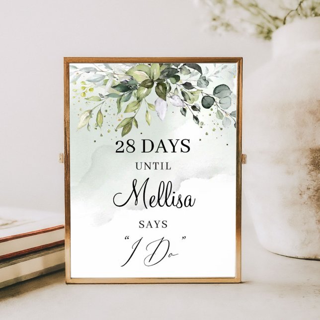 Póster Cartel de countdown boho con follaje verde acuarel (Watercolor greenery foliage boho countdown sign)
