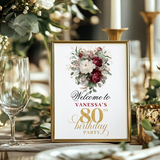 Póster Cartel de cumpleaños 80 moderno boho rubor borgoña (Modern boho blush burgundy 80th birthday 8x10 welcome sign)