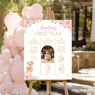 Póster Cartel de cumpleaños de ciervo floral rosa