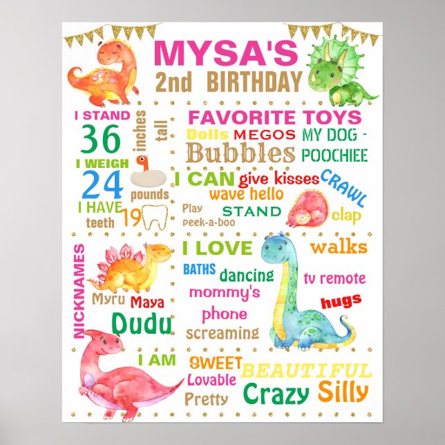 Póster Cartel de cumpleaños de Dinosuars para un chica (Frente)