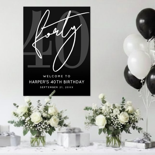 Póster Cartel de cumpleaños número 40 negro (Black 40th Birthday Party Sign )