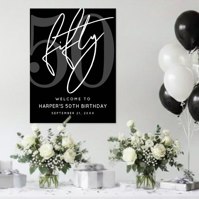 Póster Cartel de cumpleaños número 50 negro (Black 50th Birthday Party Sign)