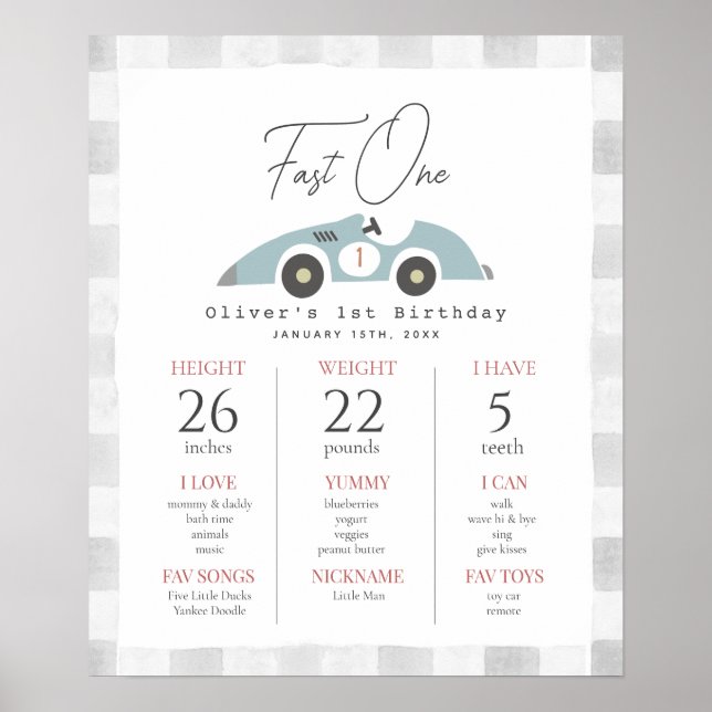 Póster Cartel de cumpleaños número uno para coche de carr (Frente)