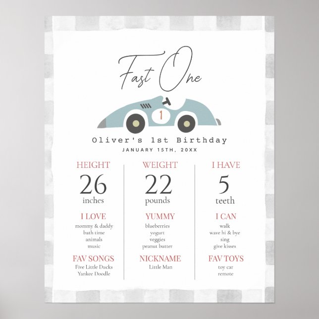 Póster Cartel de cumpleaños número uno para coche de carr (Frente)