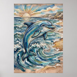 Póster Cartel de delfín de olas del océano en acuarela