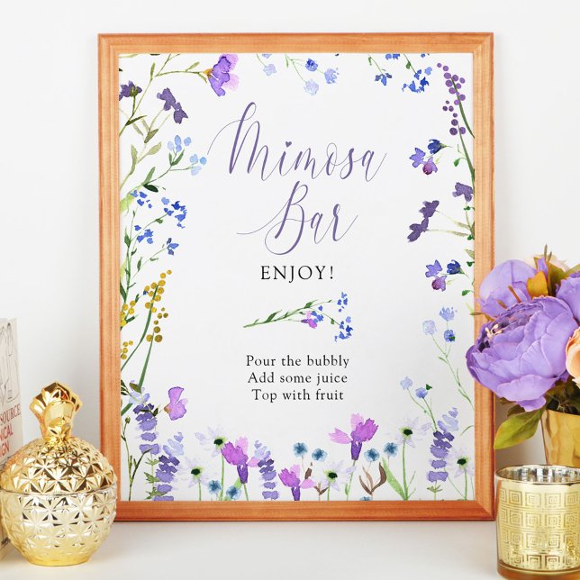 Póster Cartel de Desayuno Nupcial de Flor Silvestre Púrpu (Mimosa Bar Sign from my Purple Wildflower Collection. Message me if you need me to create more items)