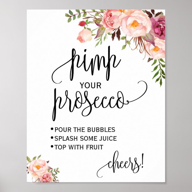 Póster Cartel de despedida de soltera floral rosa prosecc (Frente)